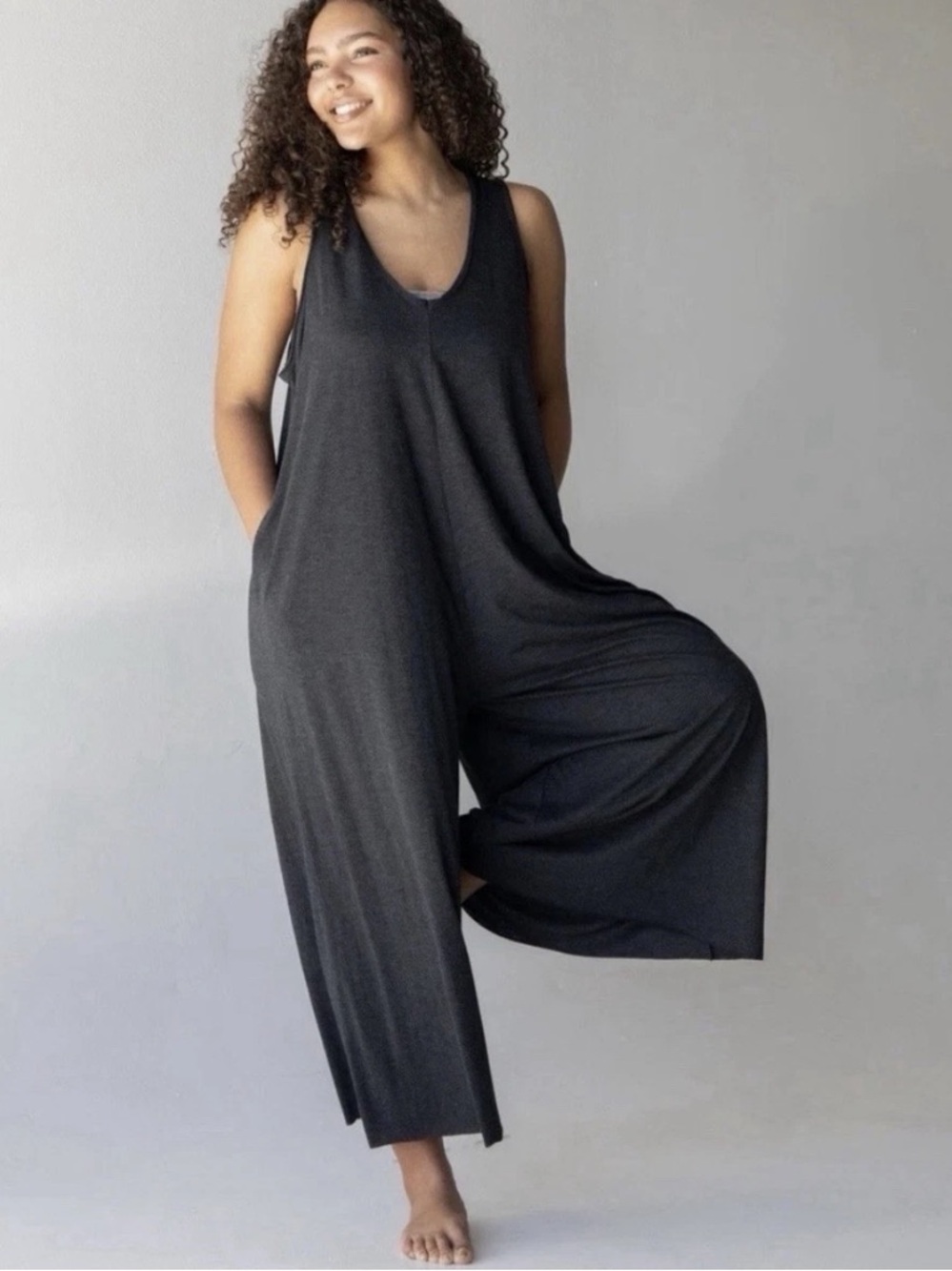 Natural Life Charcoal Gray Sleeveless V-Neck Wide-Leg One Size Jumpsuit